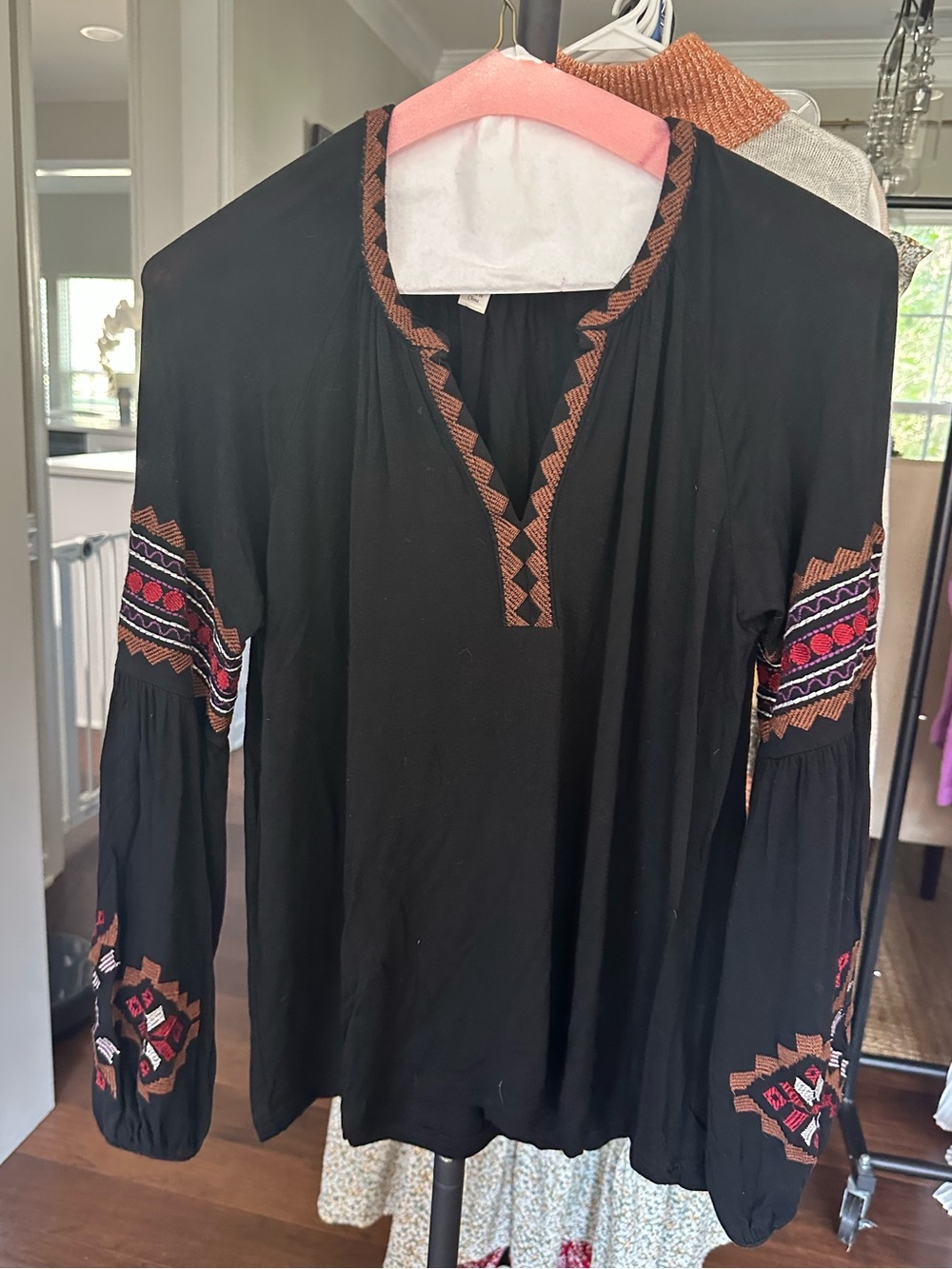 Blue Rain Black Embroidered Boho Top – Size S